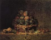 Walnut and fitted with a basket of plums cherry red millet vinegar Jean Baptiste Simeon Chardin
